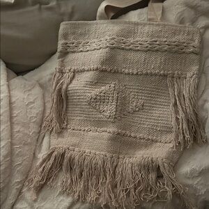 Boho Fringe Woven Tote Bag in Cream